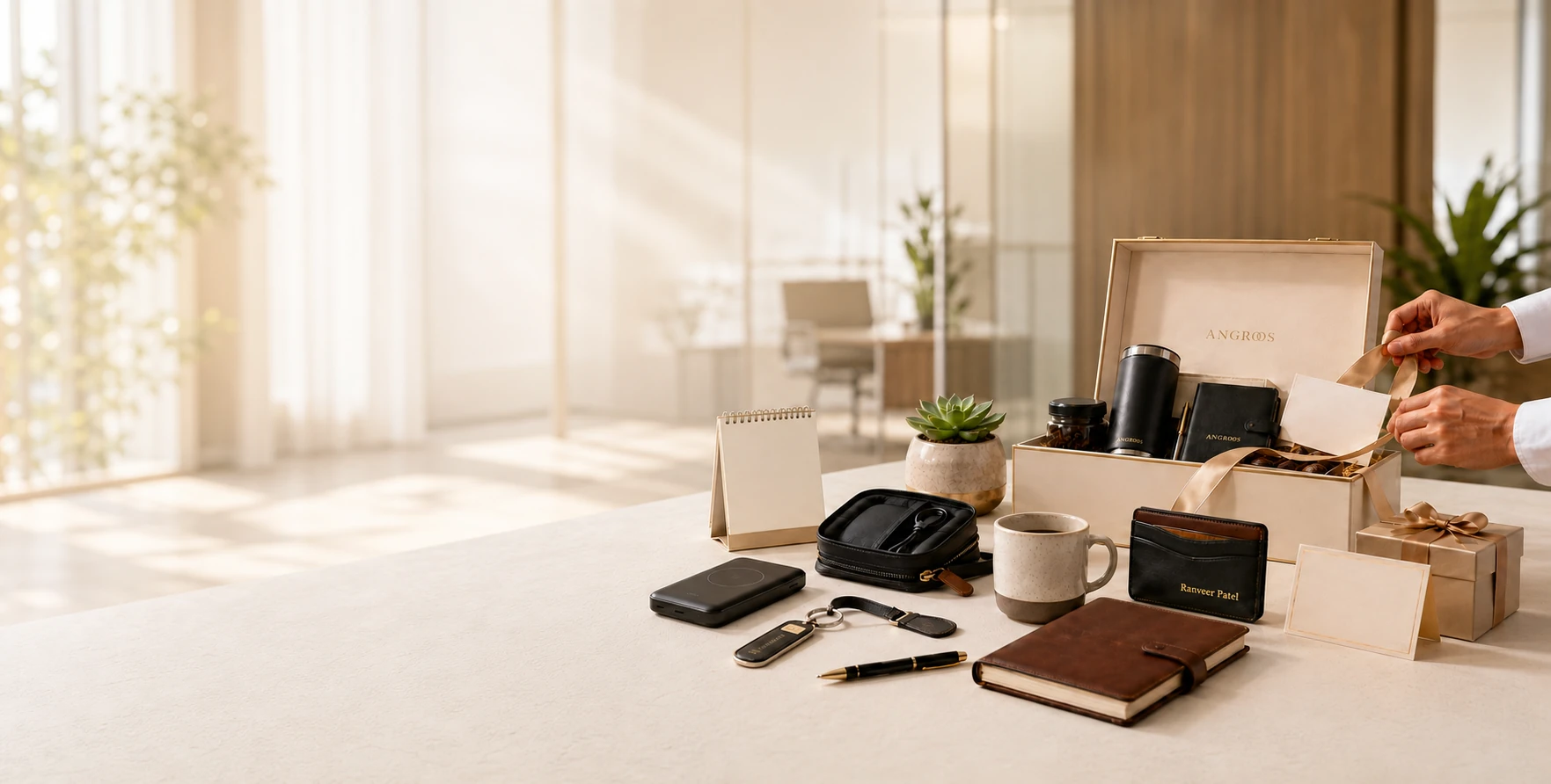 Angroos corporate gift collection with an ivory gift box, branded desk accessories, a succulent and a personalised wallet