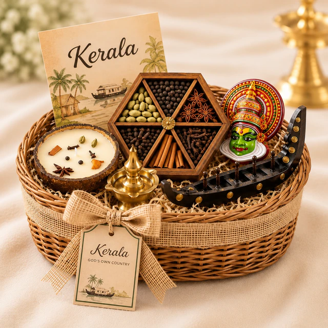 Kerala gift hamper in a wicker basket with traditional keepsakes and food gifts
