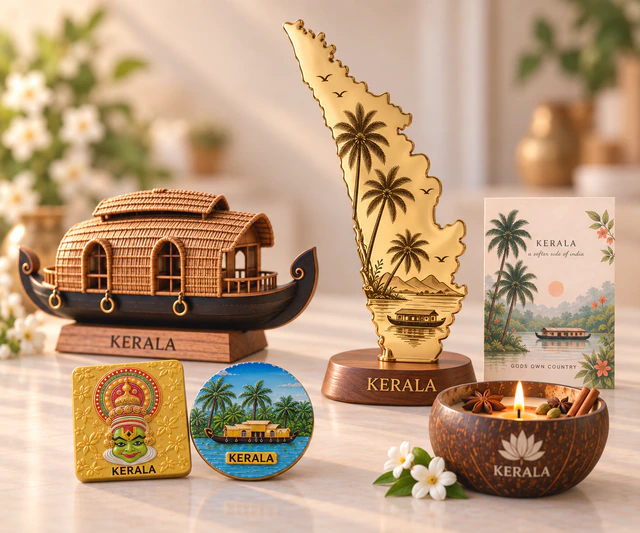 Kerala houseboat souvenir, gold Kerala map, magnets and coconut-shell candle