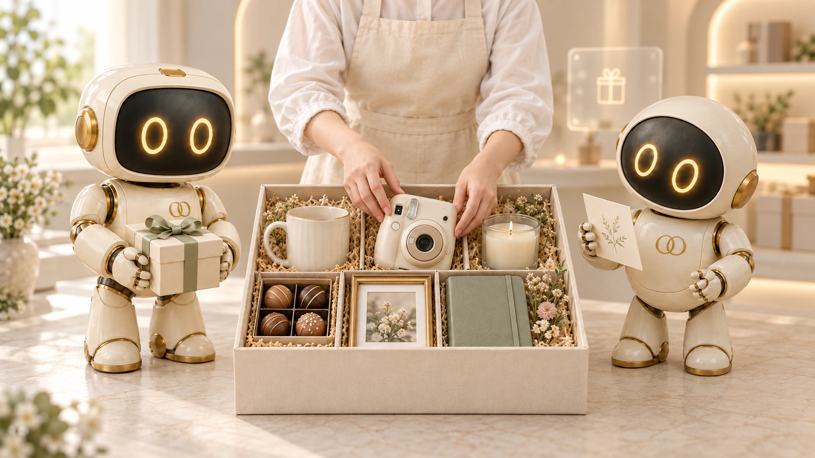 Hands arrange an instant camera in an ivory gift hamper, with OO Creator and Curator helping in a soft pastel gifting studio.