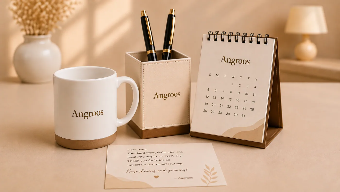 Personalised corporate desk gifts with branded mug, pen holder, pens, desk calendar and employee thank-you card