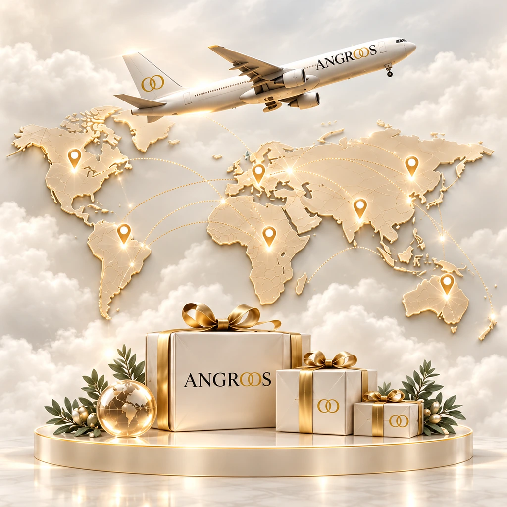 Angroos-branded aircraft and gift boxes with a gold world map and delivery routes
