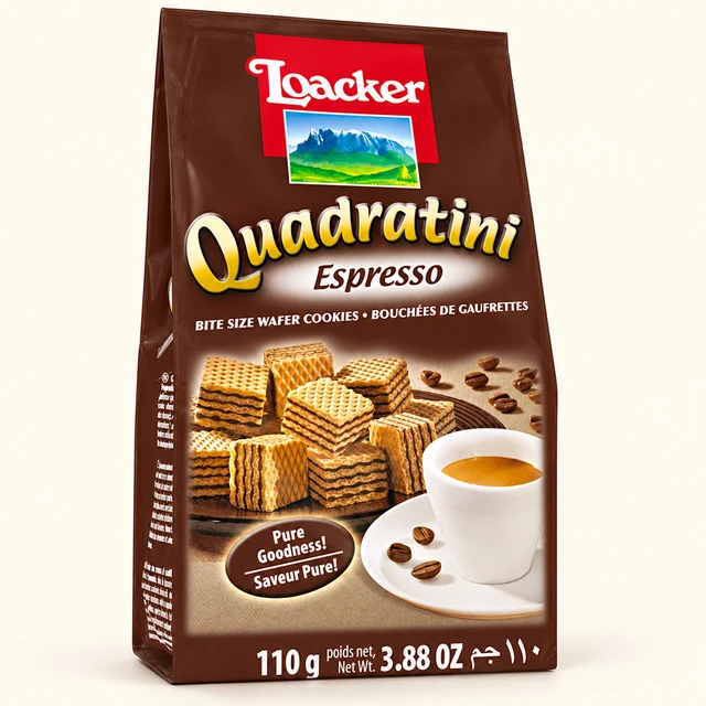 Front packaging of Loacker Quadratini Espresso Coffee Cream-Filled Wafer Cubes, 110 g