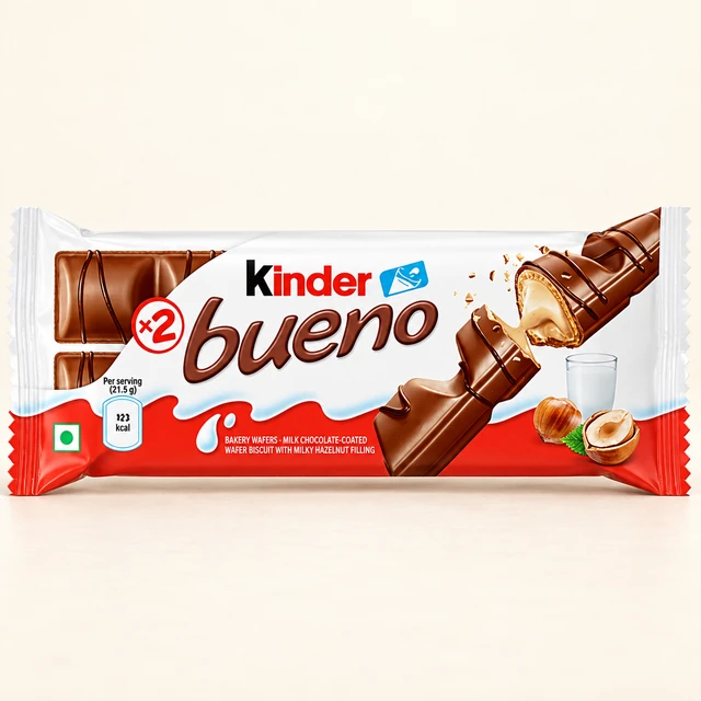 Front packaging of Kinder Bueno Milk Chocolate-Covered Wafer with Hazelnut Filling, 43 g