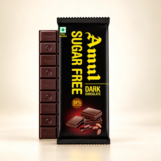 Front packaging and chocolate of Amul Sugar Free 55% Dark Chocolate Bar, 35 g