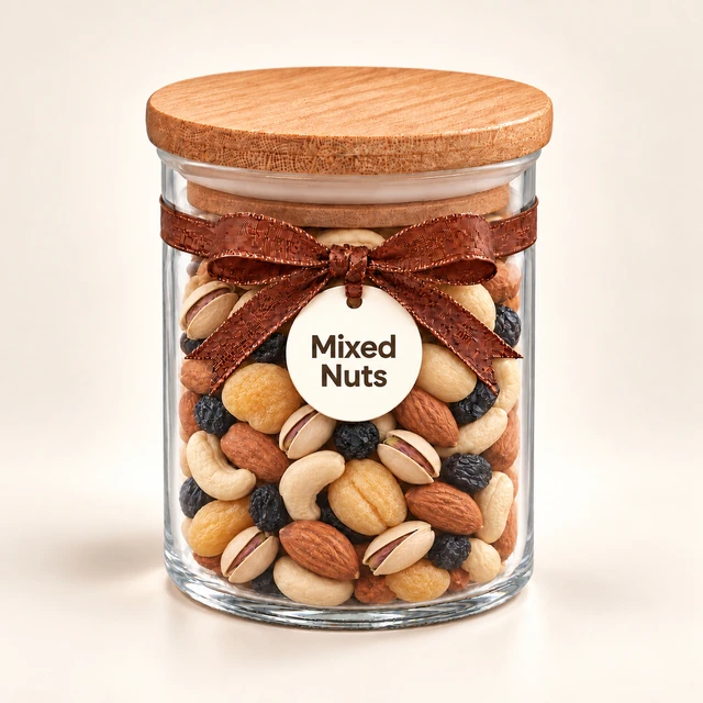 Angroos Mixed Nuts and Dried Fruits in Small Wooden-Lid Glass Jar, 120 g