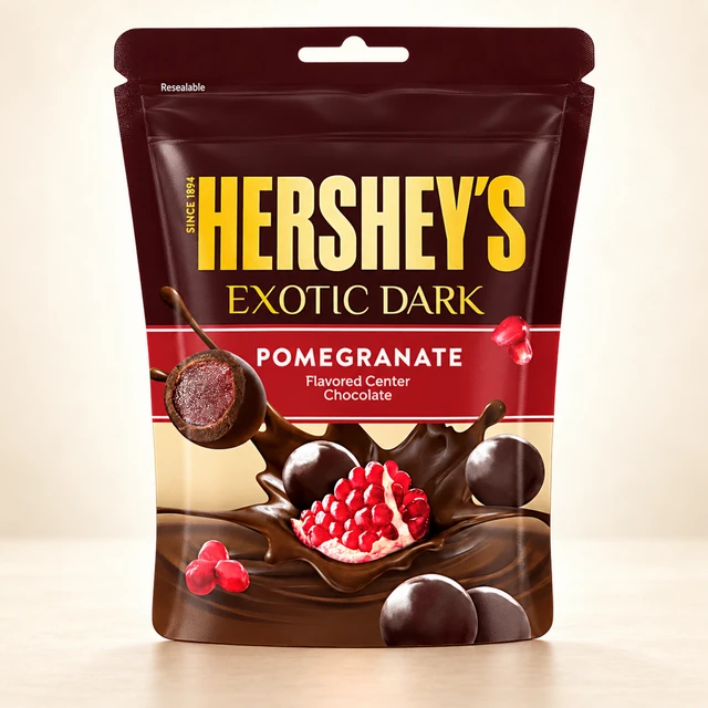 Front packaging of Hershey’s Exotic Dark Pomegranate Flavoured Center Chocolates — 100 g