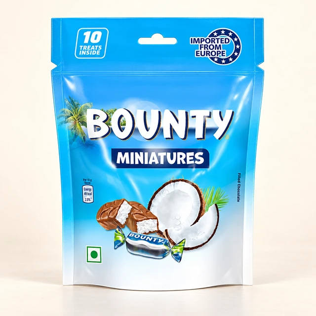 Front packaging of Bounty Miniatures Coconut Filled Milk Chocolate, 100 g (10 Pieces)