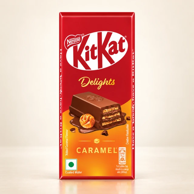 Front packaging of Nestlé KitKat Delights Caramel Flavour Coated Wafer Bar — 50 g