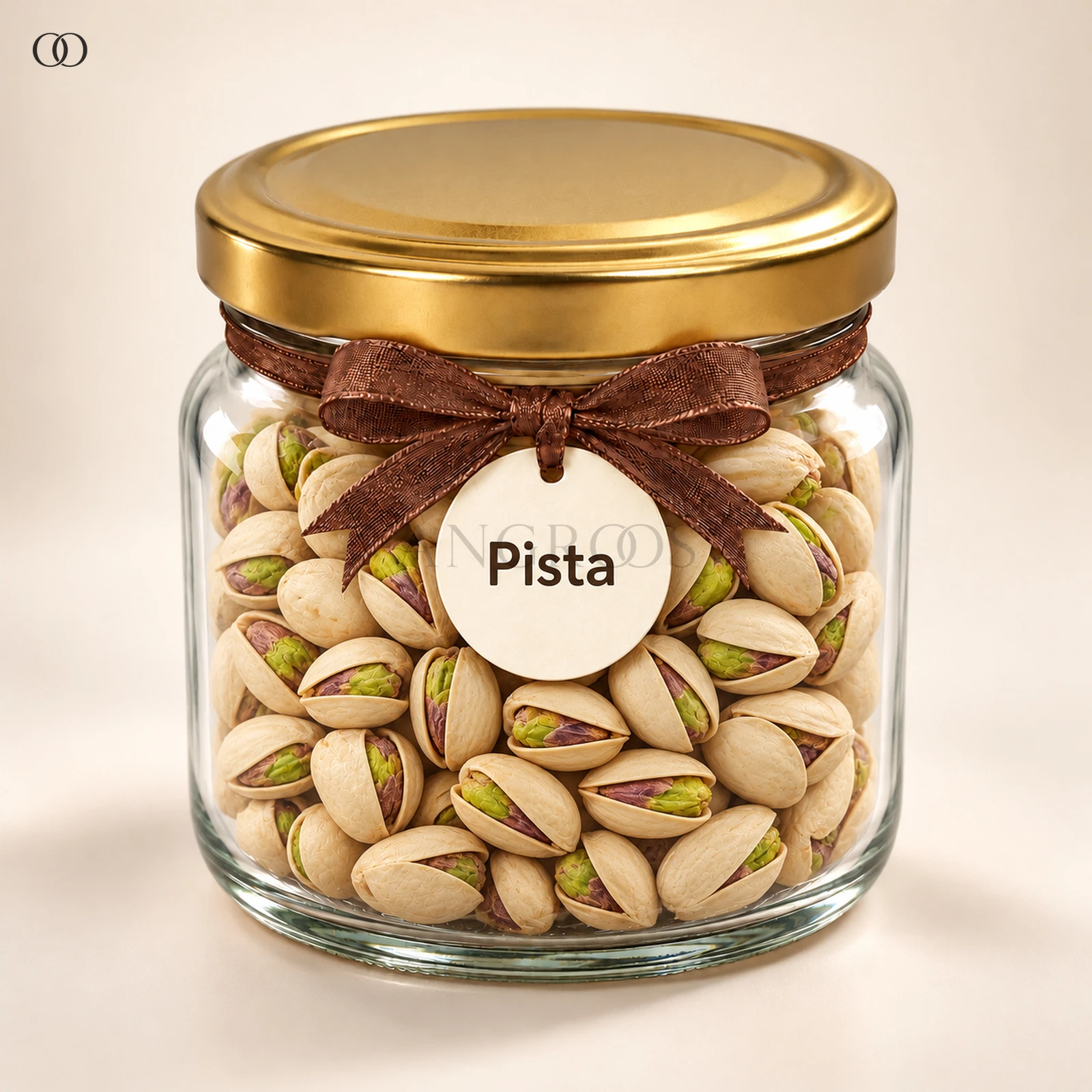 Angroos Salted In-Shell Pistachios in Wide Glass Bottle, 140 g, front presentation
