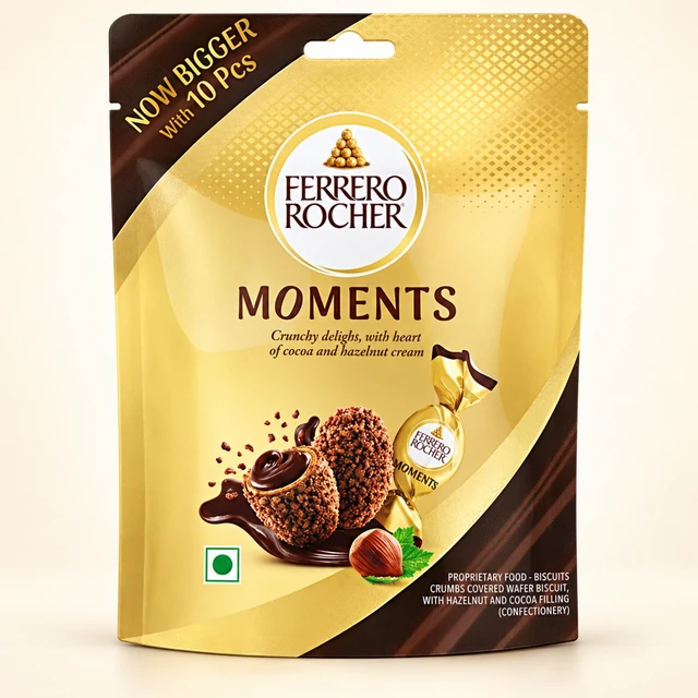 Front packaging of Ferrero Rocher Moments Cocoa & Hazelnut Cream Filled Wafer Confectionery, 10 Pieces, 58 g