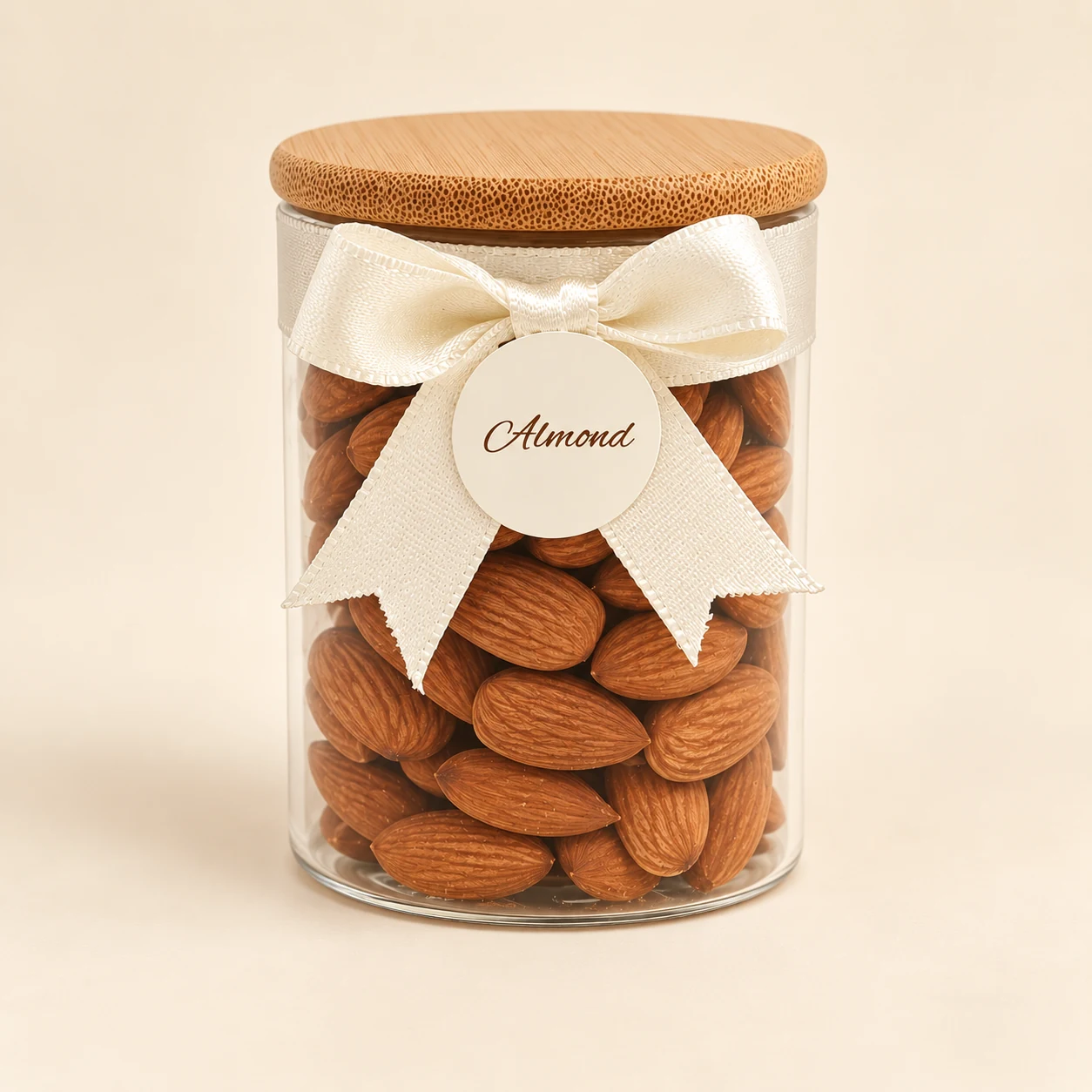 Almonds in a jar with wooden lid and cream ribbon — front view
