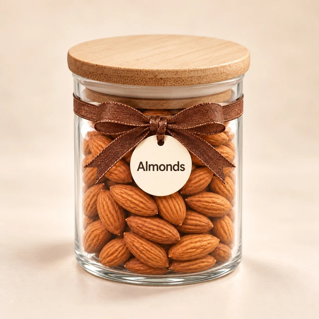Angroos Whole Almonds in Small Wooden-Lid Glass Jar, 140 g