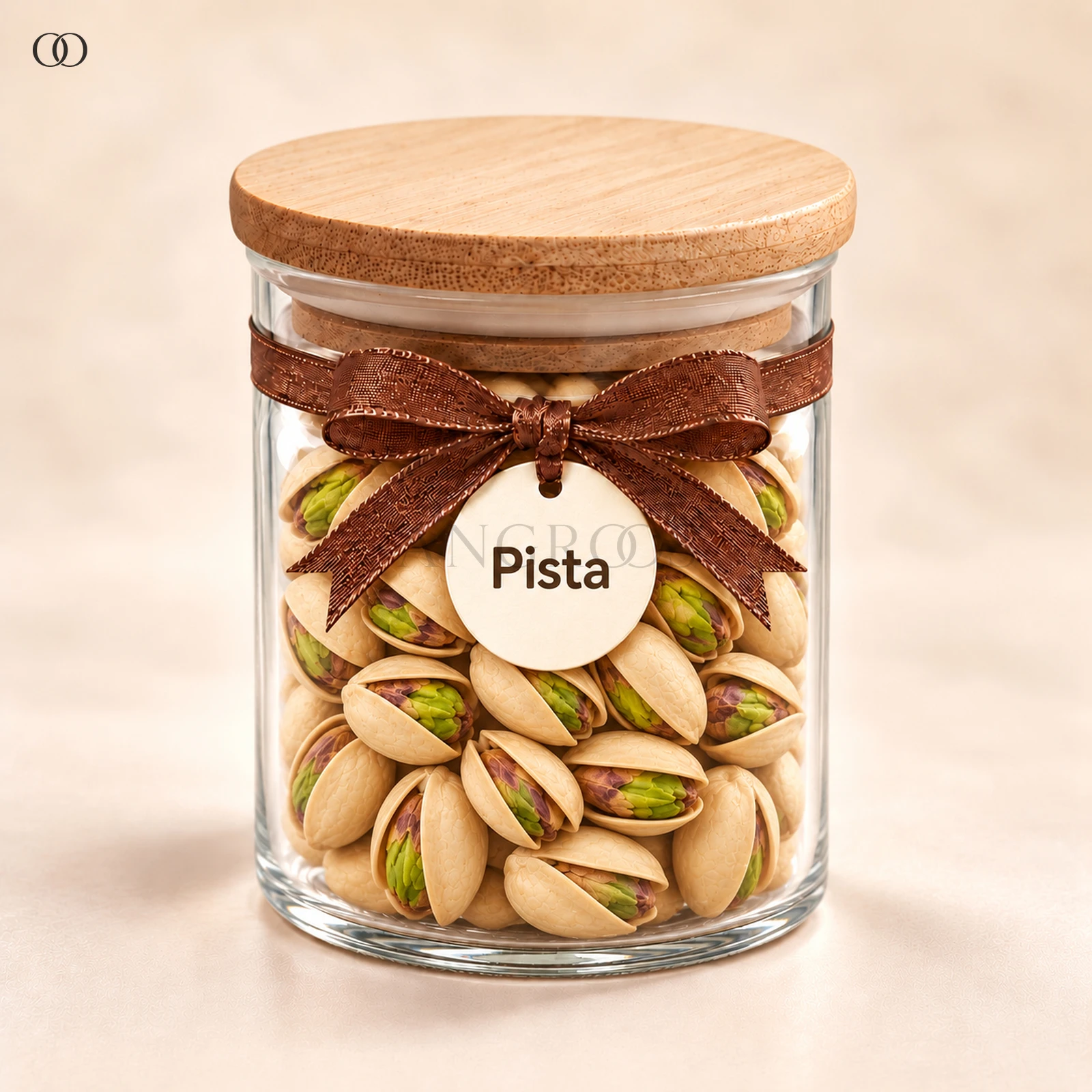 Angroos Salted In-Shell Pistachios in Small Wooden-Lid Glass Jar, 100 g, front presentation