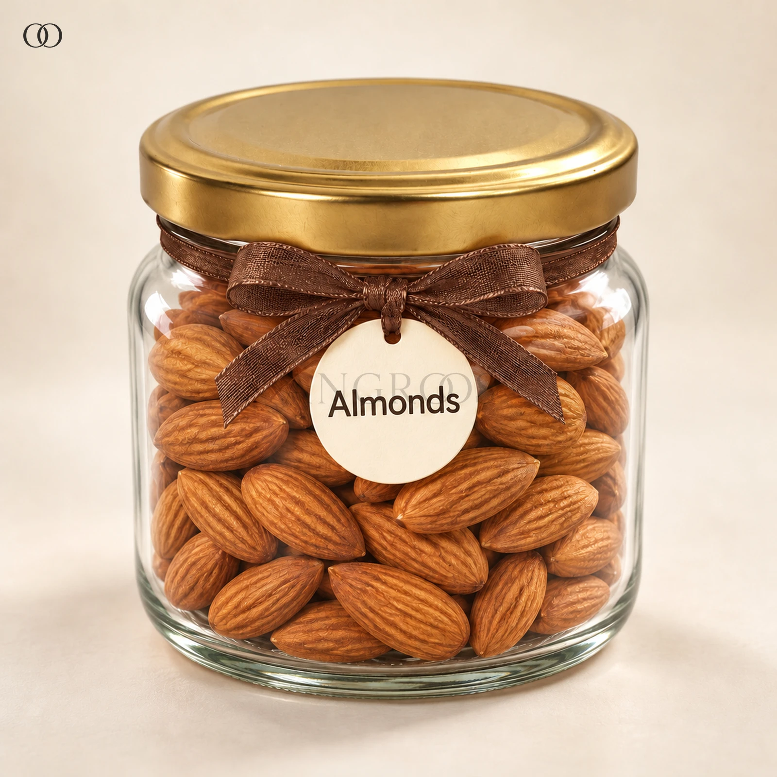 Angroos Whole Almonds in Wide Glass Bottle, 195 g, front presentation