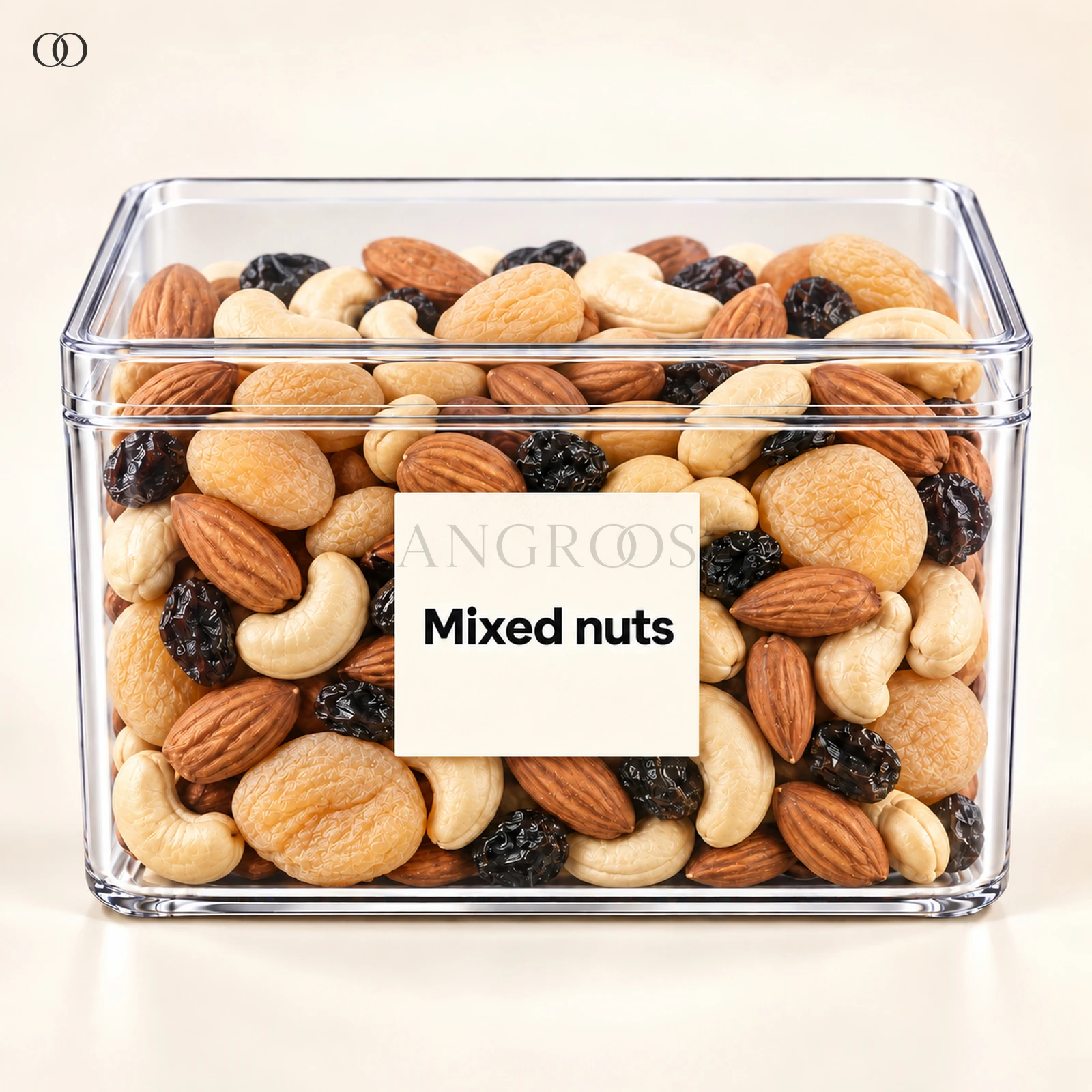 Angroos Mixed Nuts and Dried Fruits in Clear Acrylic Box, 170 g, front presentation