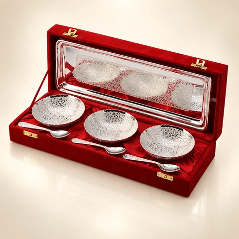 Lavanya Silver-Plated Aluminium Three-Bowl Gift Set – 3.5 Inch, presentation-box hero view