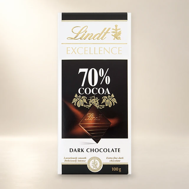 Front packaging of Lindt Excellence 70% Cocoa Dark Chocolate Bar, 100 g