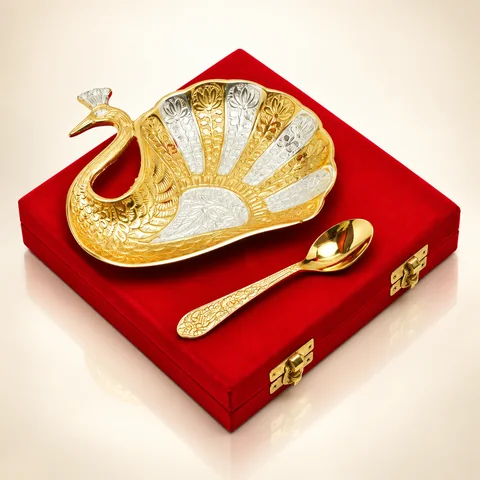 Vaidehi Silver & Gold Plated Aluminium Peacock Mouth Freshener Platter Gift Set, presentation-box hero view