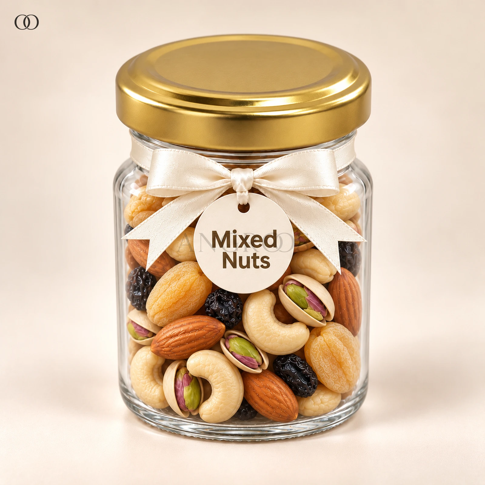 Angroos Mixed Nuts and Dried Fruits in Small Glass Bottle, 52 g, front presentation