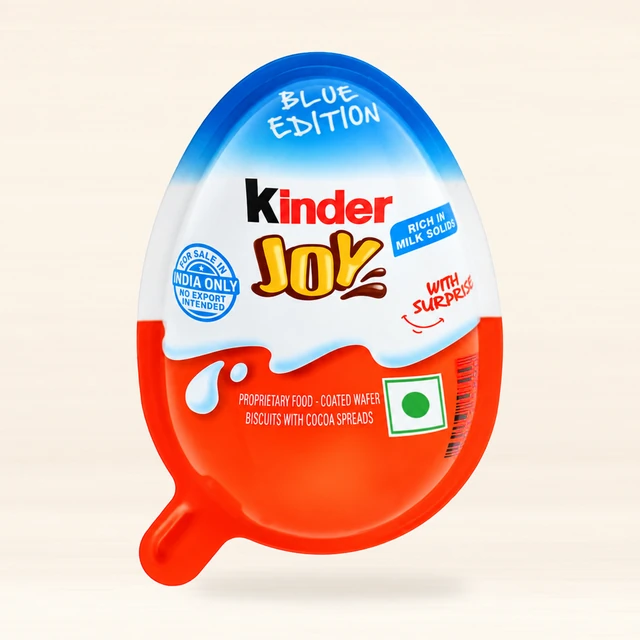 Front packaging of Kinder Joy Blue Edition Chocolate Treat with Surprise Toy, 20 g