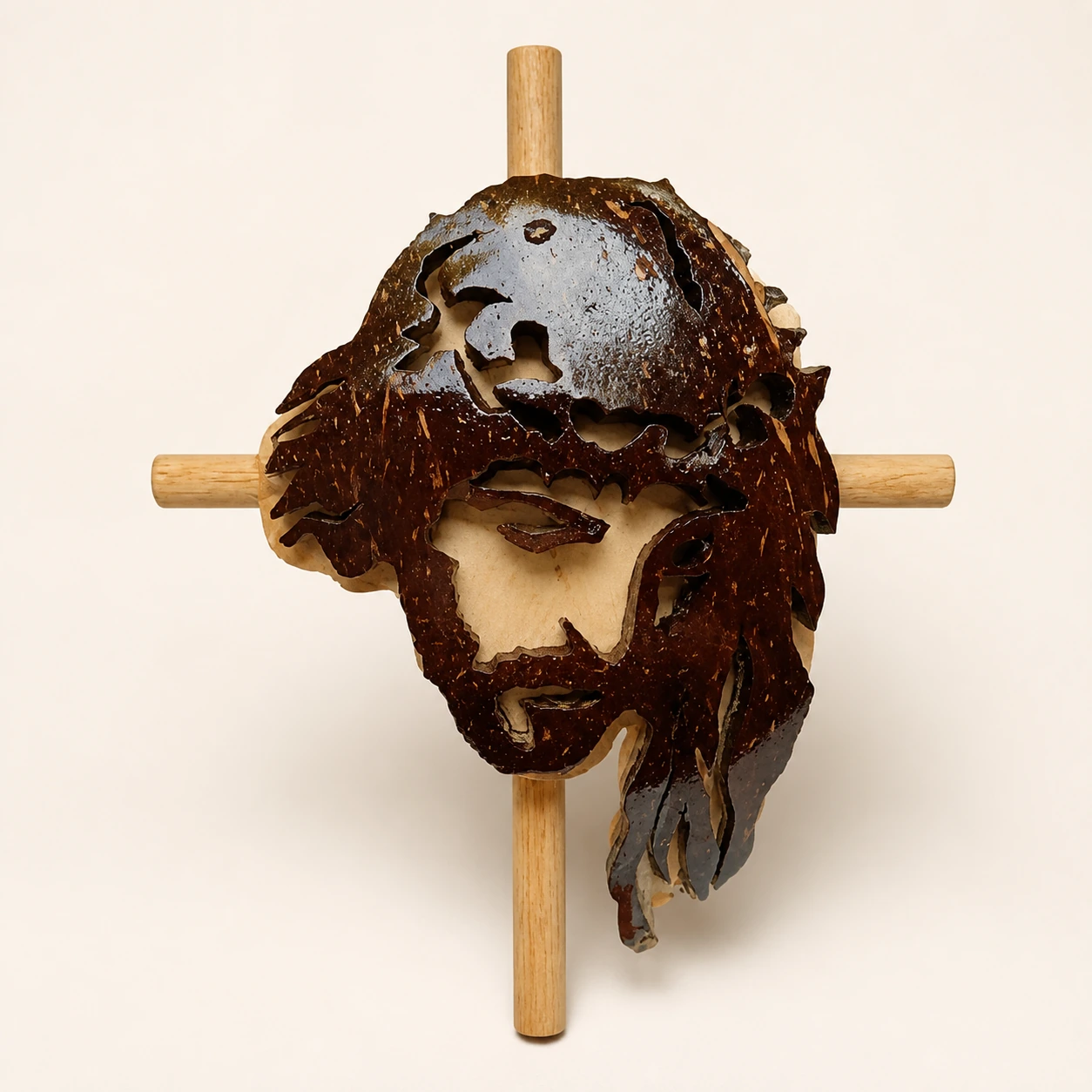 Coconut Shell Jesus Portrait Cross Artwork