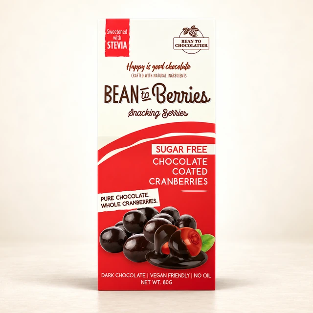 Front packaging of Bean to Berries Sugar Free Dark Chocolate Coated Cranberries, 80 g