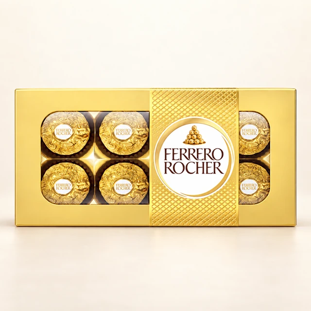 Front packaging of Ferrero Rocher Hazelnut & Milk Chocolate Gift Box — 8 Pieces, 100 g