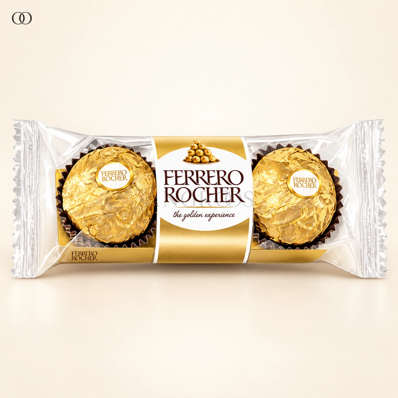 Front packaging of Ferrero Rocher Hazelnut and Milk Chocolate Pralines — 3 Pieces, 37.5 g