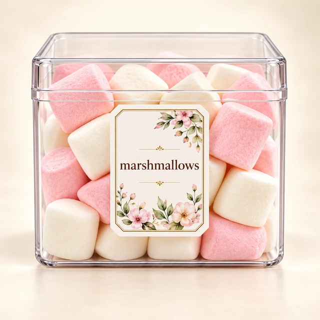 Front packaging of Marshmallows in Clear Acrylic Box