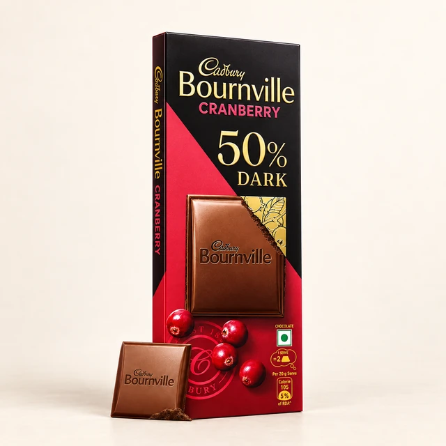 Angled packaging view of Cadbury Bournville Cranberry 50% Dark Chocolate Bar, 78 g