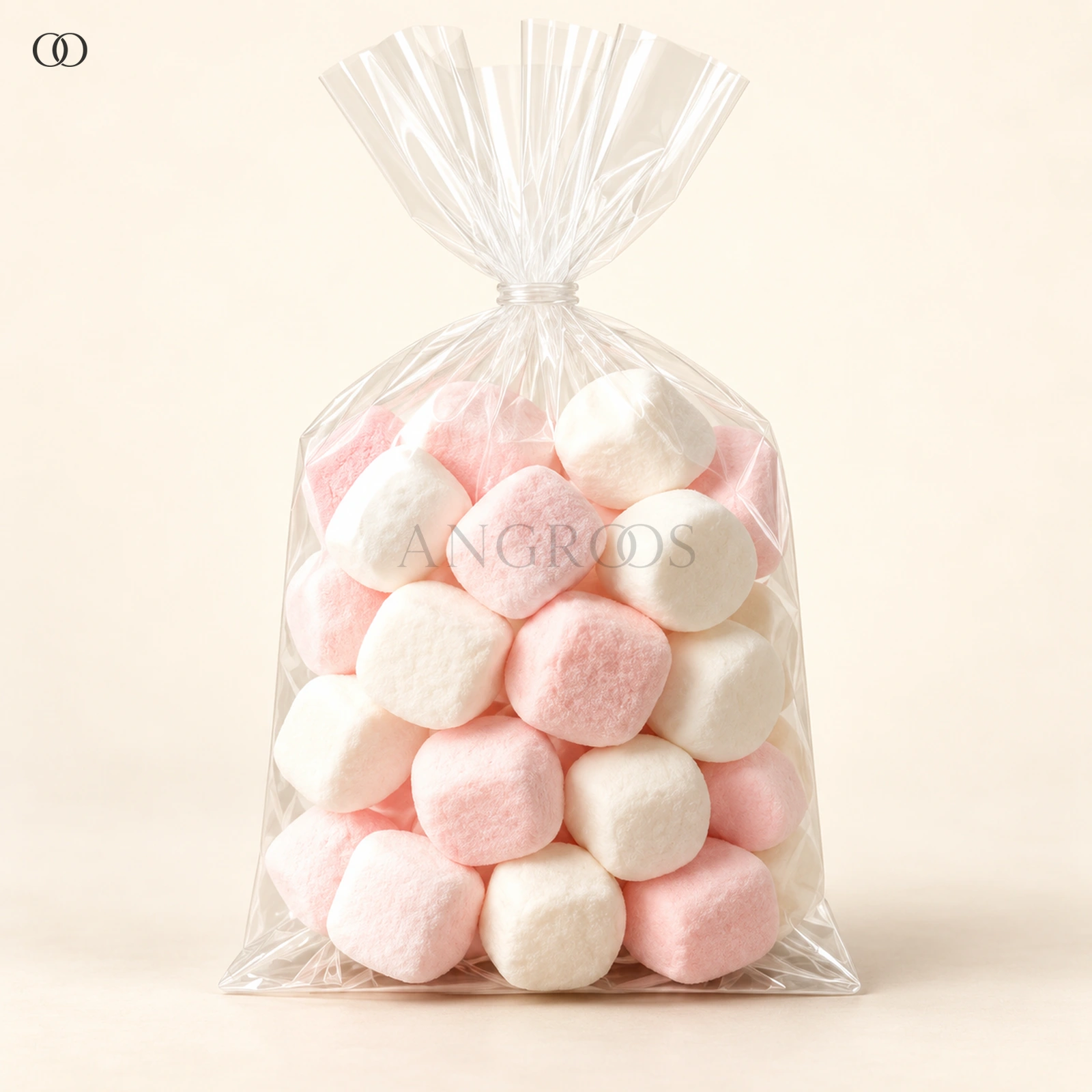Front packaging of Pink & White Marshmallows in Clear Pouch, 50 g