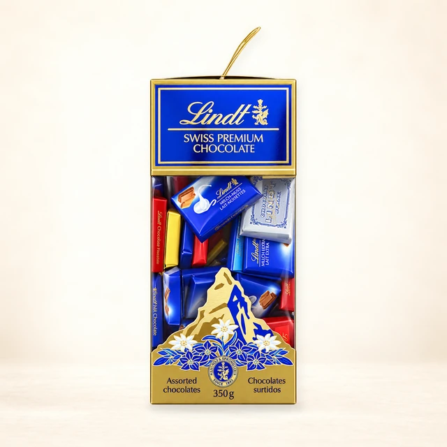 Front packaging of Lindt Swiss Premium Assorted Napolitains Chocolates Gift Box, 350 g (54 Pieces)