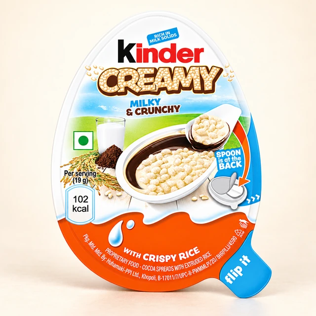 Front packaging of Kinder Creamy Milky & Crunchy with Crispy Rice, 19 g