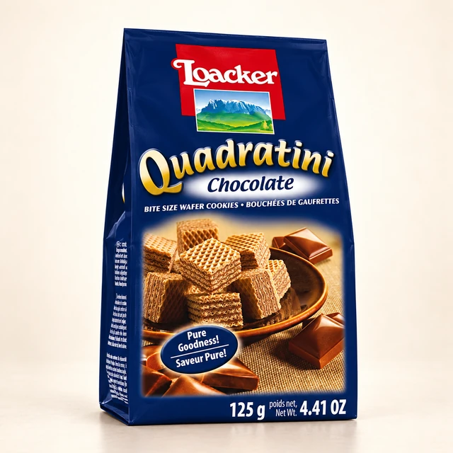 Front packaging of Loacker Quadratini Chocolate Bite-Size Wafer Cookies, 125 g