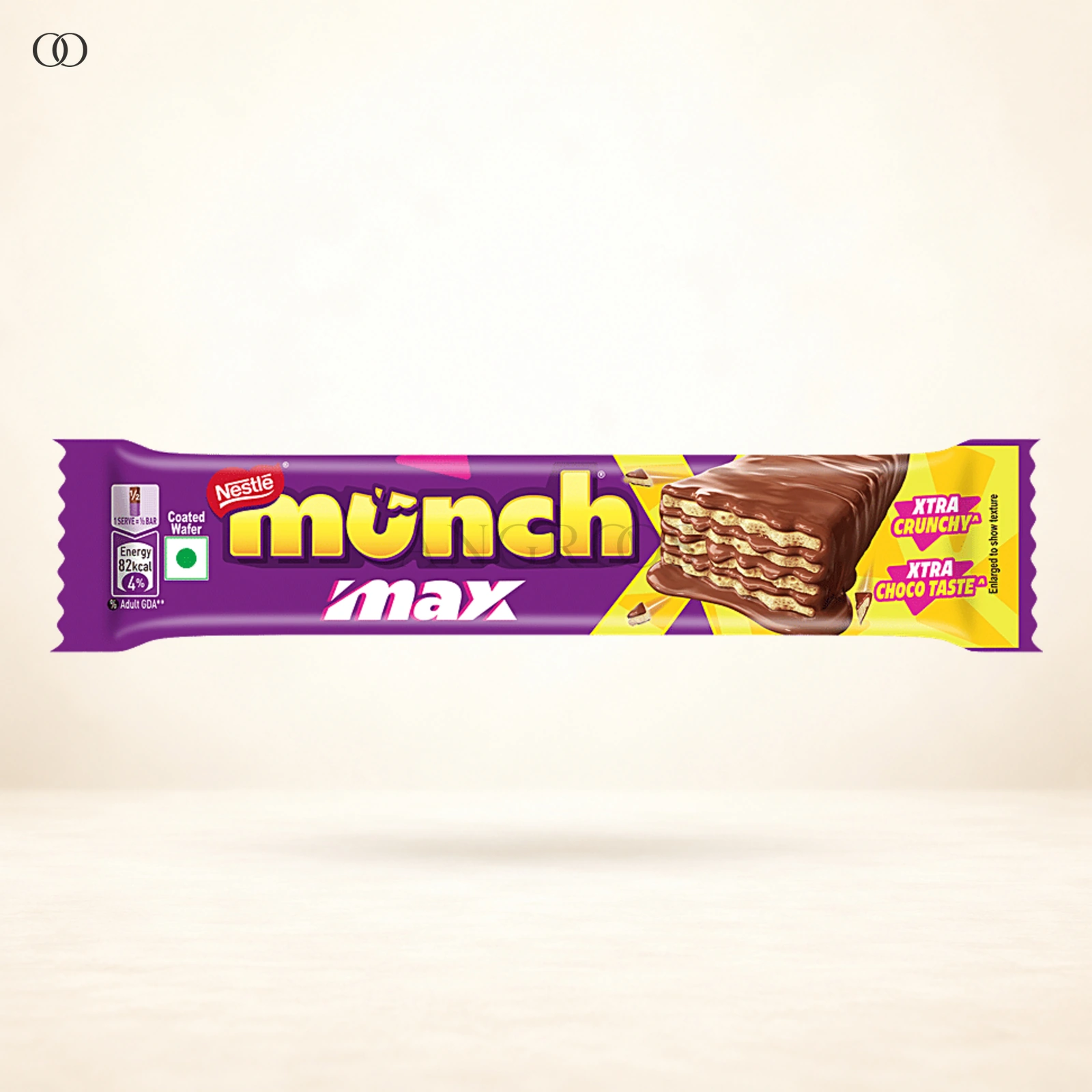 Front packaging of Nestlé Munch Max Choco Coated Crunchy Wafer Bar, 38.5 g