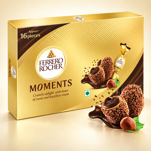 Front packaging of Ferrero Rocher Moments Chocolate Gift Pack, 16 Pieces (89.6 g)