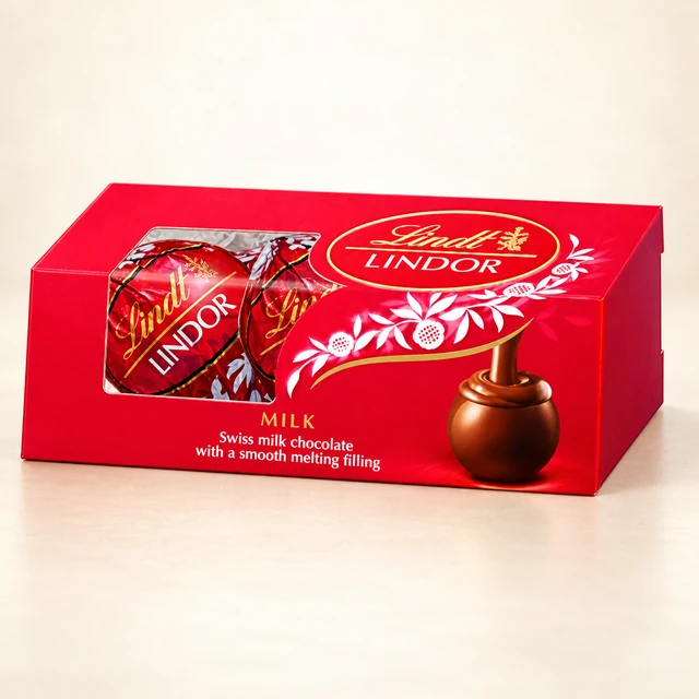 Front packaging of Lindt LINDOR Milk Chocolate Truffles Trio Gift Pack, 37.5 g