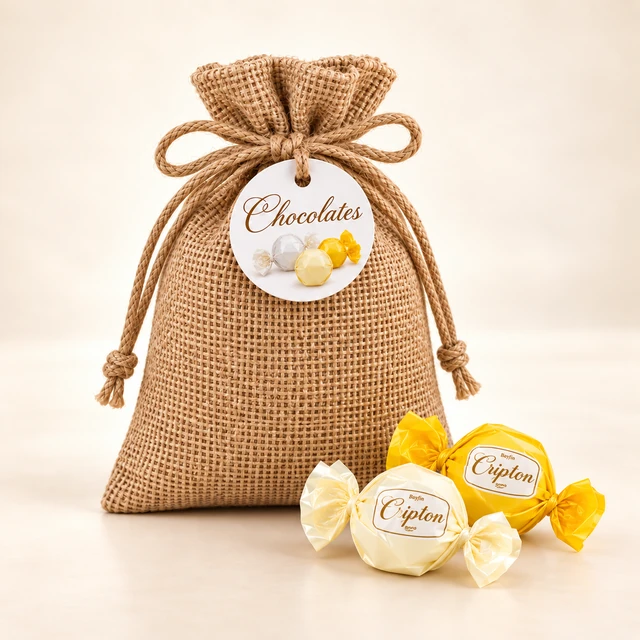 Front packaging of Gifts Boutique Chocolates in a Small Jute Pouch