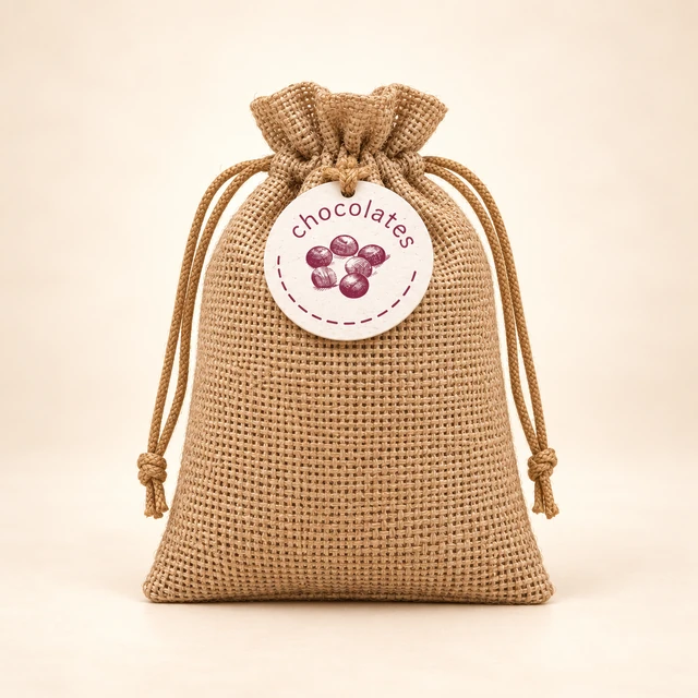 Front packaging of Chocolate Balls in Small Jute Bag, 100 g