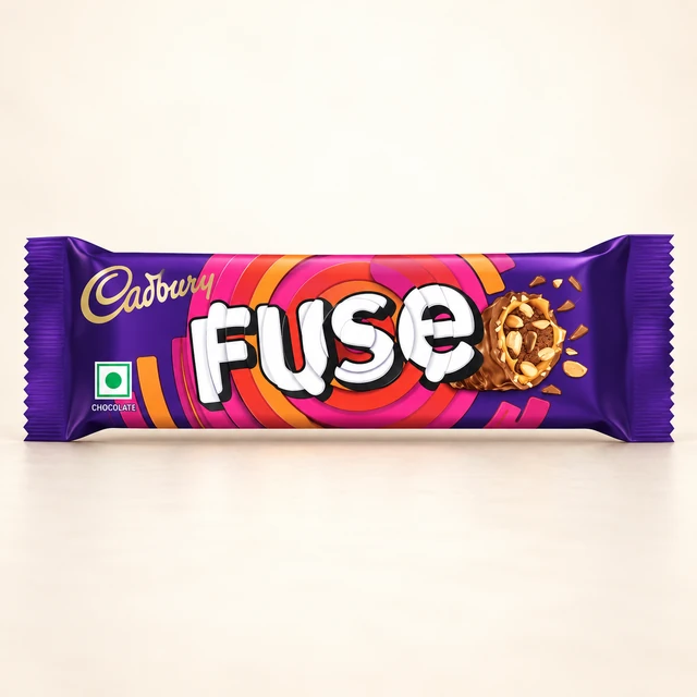 Front packaging of Cadbury Fuse Peanut & Caramel Filled Chocolate Bar, 23 g