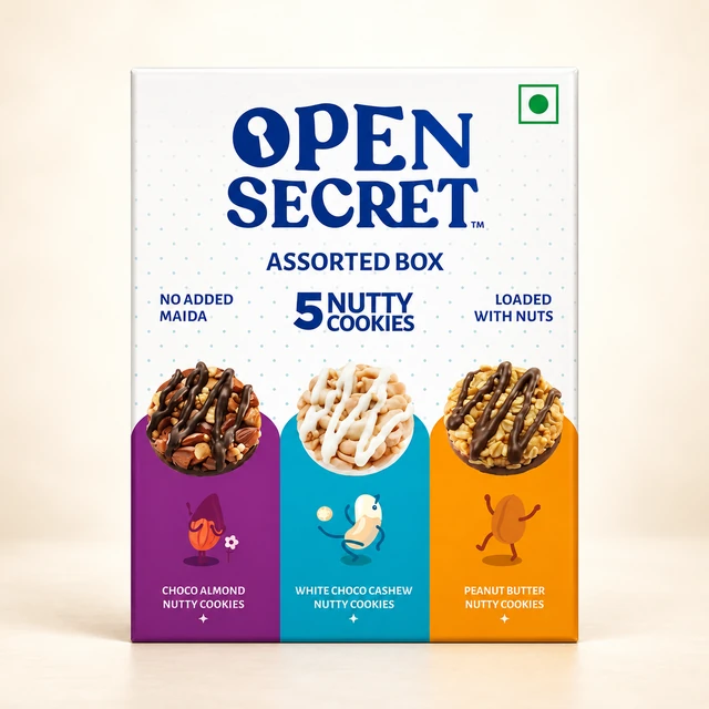 Front packaging of Open Secret Zero Maida Assorted Protein Cookies Gift Pack, 62.5 g (5 Cookies)
