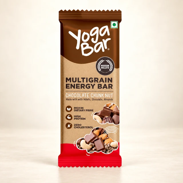 Front packaging of Yoga Bar Chocolate Chunk Nut Multigrain Energy Bar, 35 g