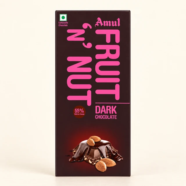 Front packaging of Amul Fruit ’N’ Nut 55% Dark Chocolate Bar, 150 g