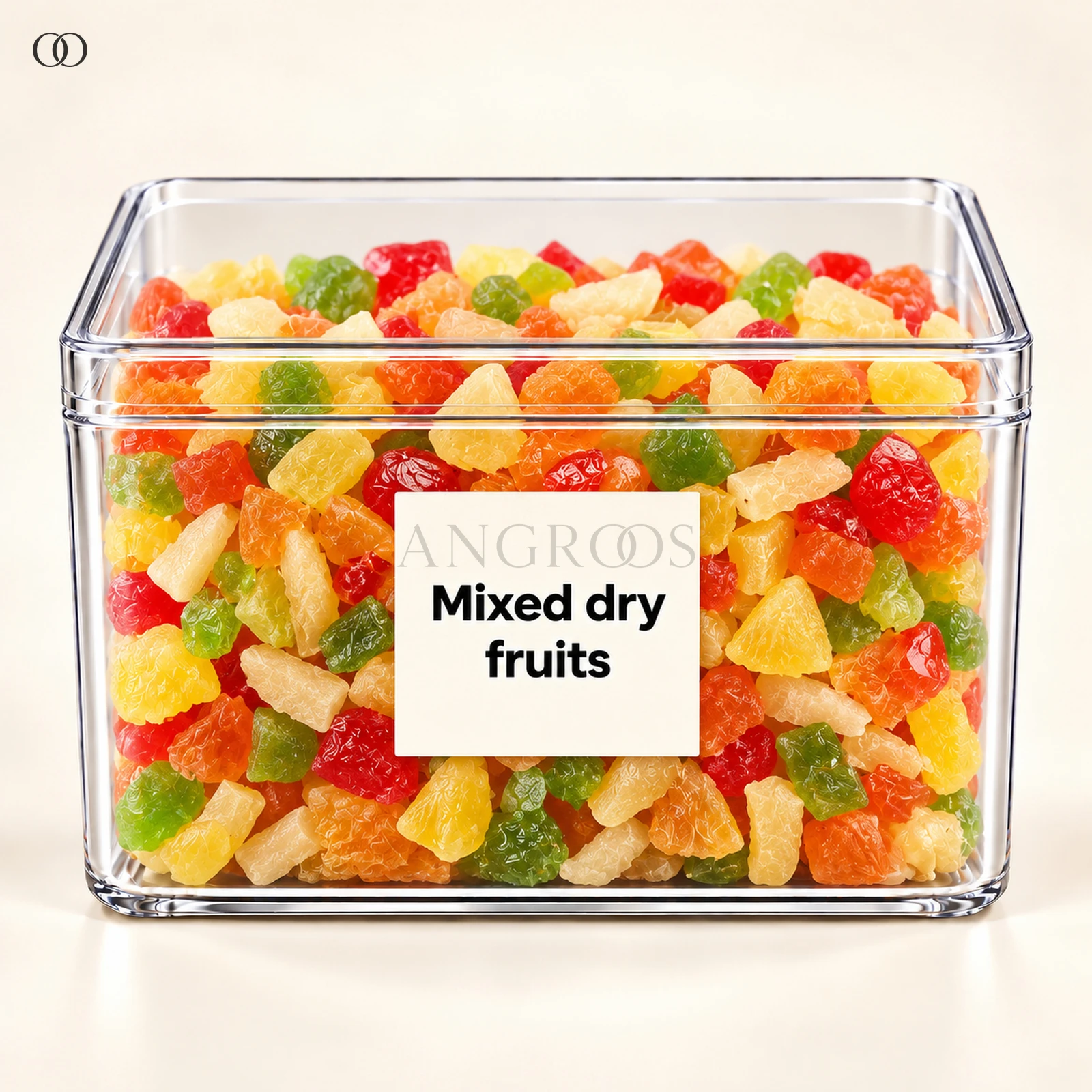 Angroos Mixed Dried Fruits in Clear Acrylic Box, 190 g, front presentation