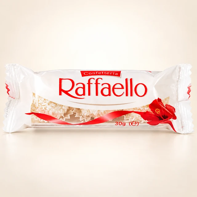 Front packaging of Ferrero Confetteria Raffaello T3 Coconut and Almond Confections, 30 g (3 Pieces)
