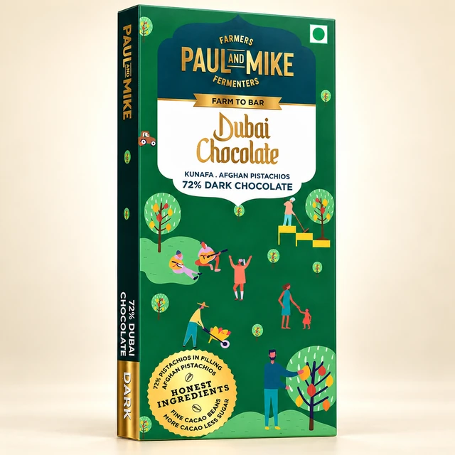 Paul and Mike 72% Dark Dubai Kunafa Chocolate with Afghan Pistachios, 96 g