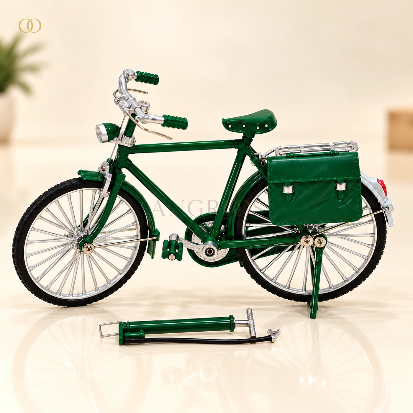 Dark Green Vintage Bicycle Die-Cast Model with Briefcase and Miniature Pump — main view with bag