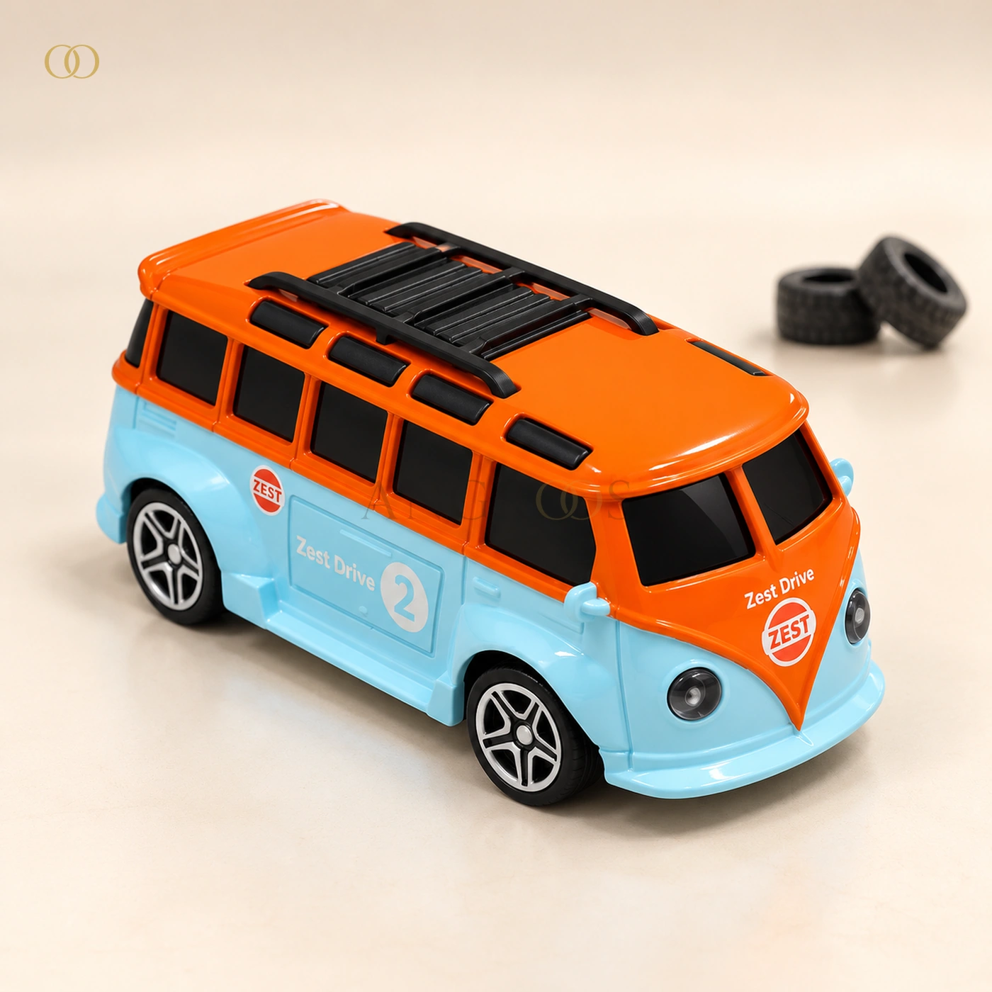 Orange and Pale Blue Remote-Control Vintage-Style Van with Display Case — front three quarter