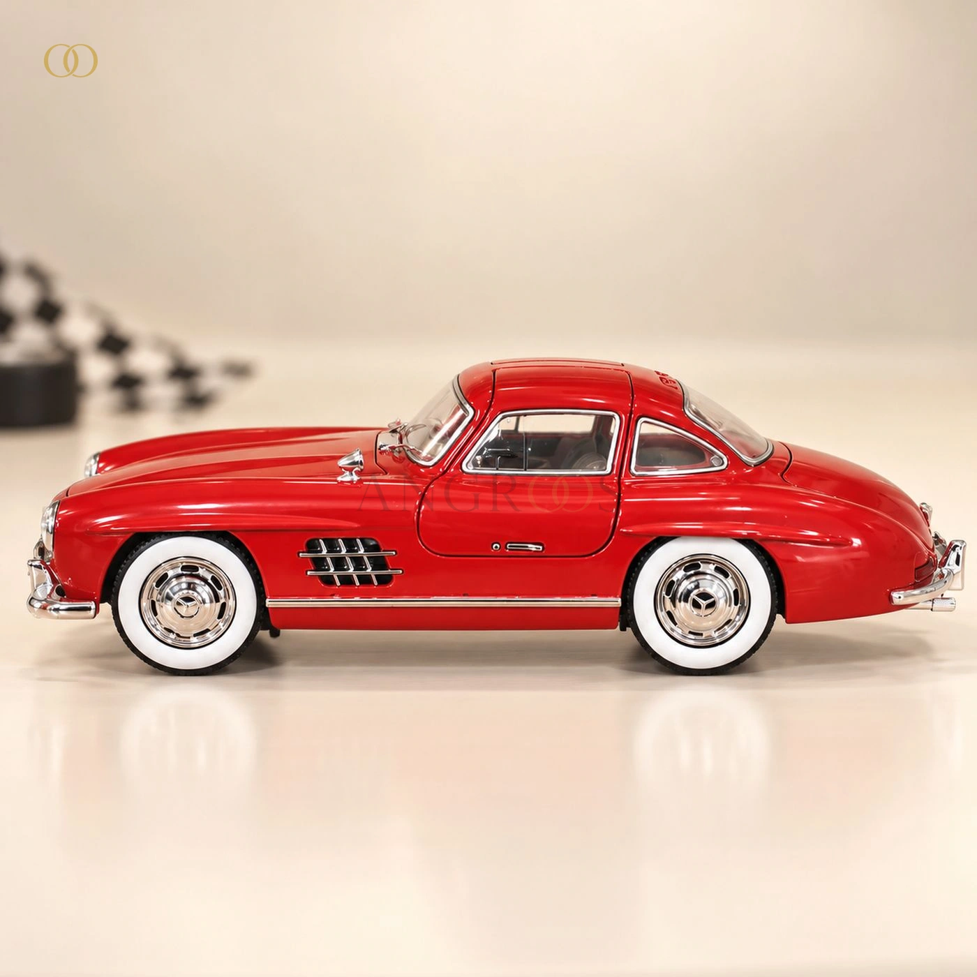Red Vintage Coupe Die-Cast Model with Orange Display Frame — red coupe unboxed side view